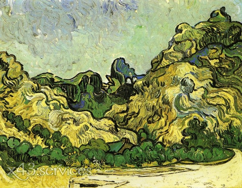 Vincent van Gogh - Berge bei Saint Remy mit dunklem Ferienhaus - zum Schließen ins Bild klicken